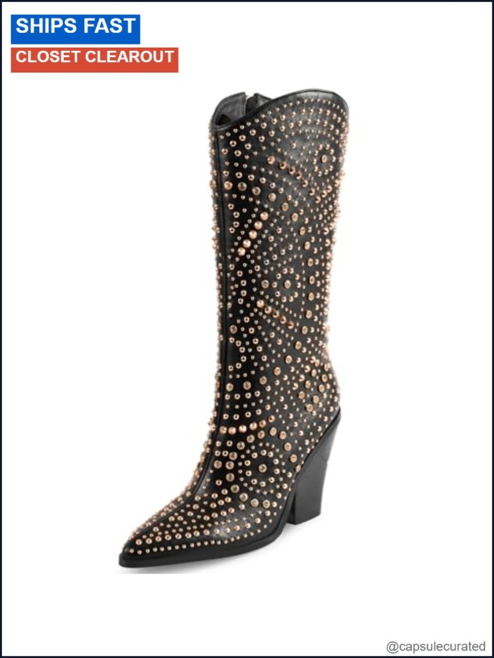 Studded Chunky Heel Boots Women Pointed Toe Mid Calf Rhinestone Faux Leather Zip